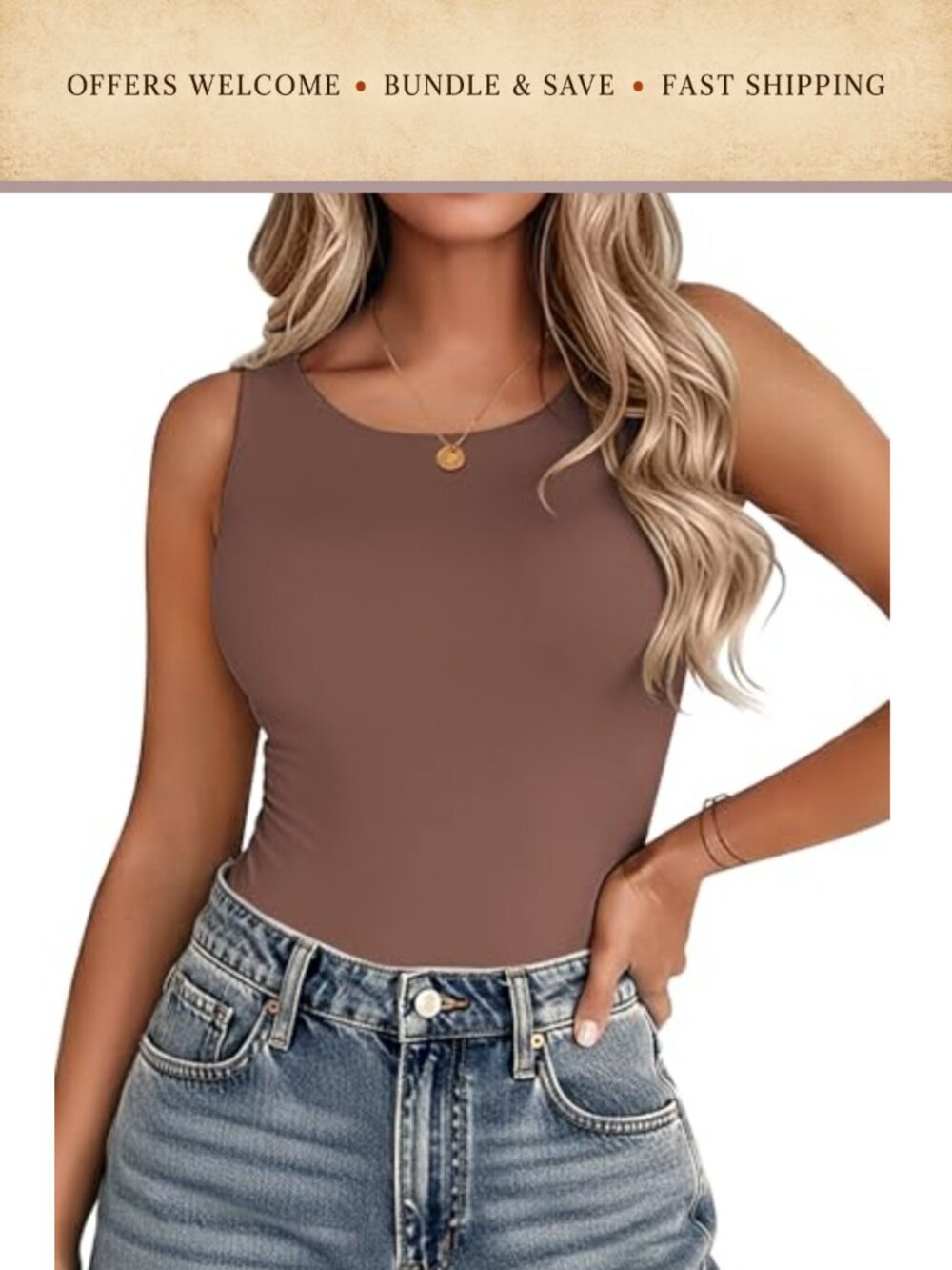 Double Lined Tank Top Crew Neck Sleeveless Summer Basic